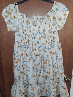 SHEIN White Floral Smocked Dress with Yellow and Blue Accents